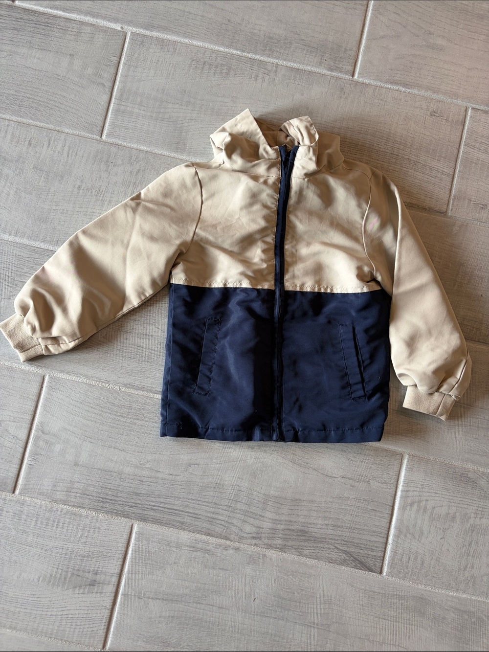 Kids Two-Tone Hooded Raincoat - Beige & Navy